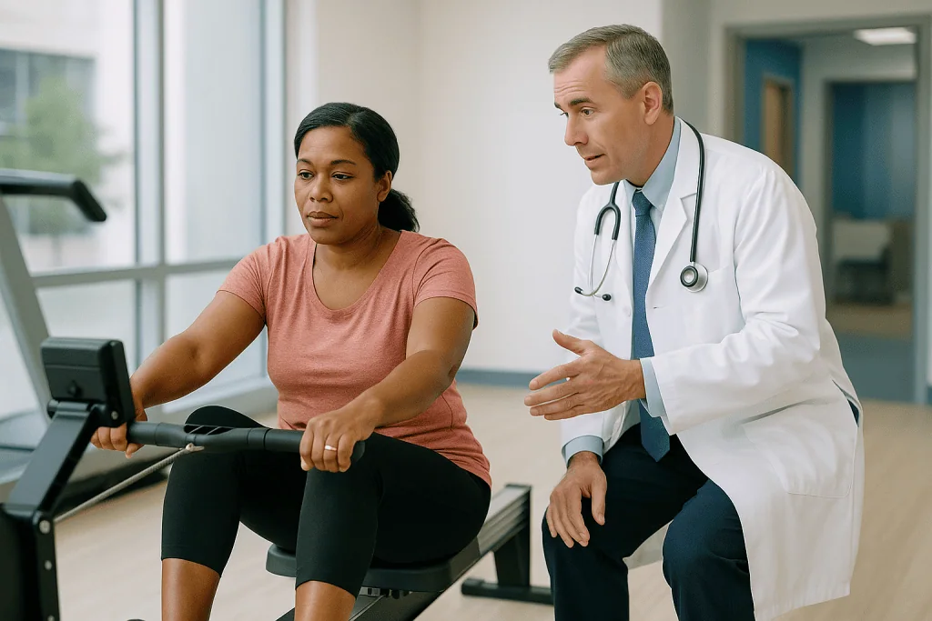 Doctor consulting patient on stationary rowing machine: Rowing vs running: which is the better cardio?