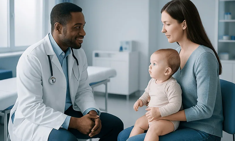 Pediatric consultation at a hospital with a doctor, mother, and baby.