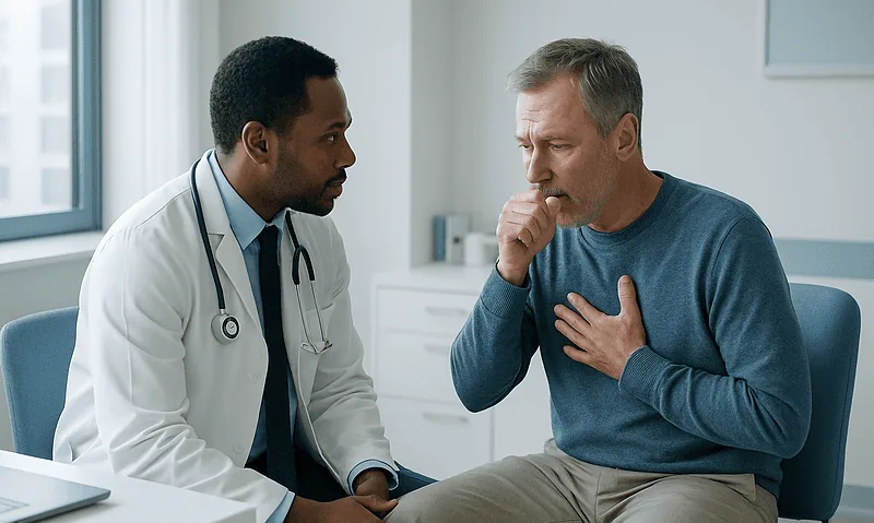 Doctor consulting with a patient about symptoms in a medical office.