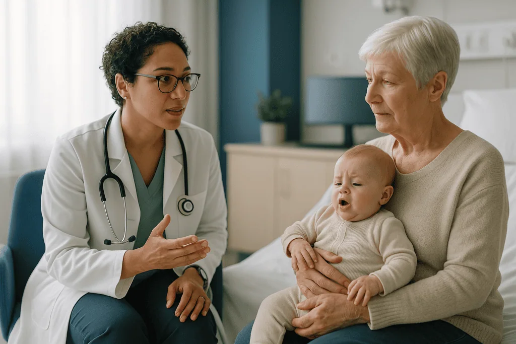 Doctor consulting grandmother holding infant about illness: RSV vs COVID symptoms: where wheezing, babies and the over-65s c