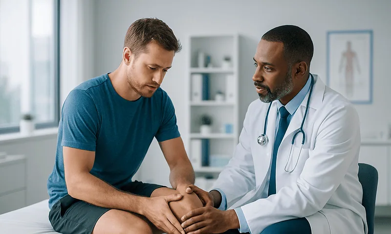Doctor examining patient's knee in a medical consultation room.
