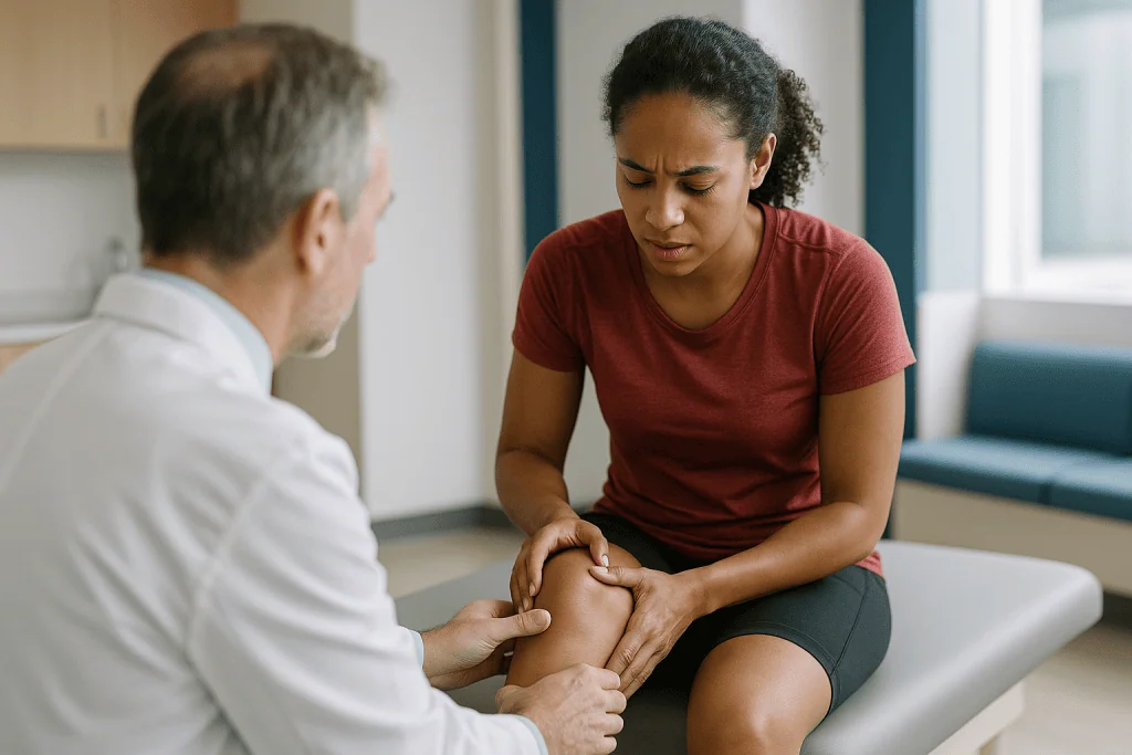 Physical therapist examining patient's knee during assessment: Runner's knee: what patellofemoral pain actually is