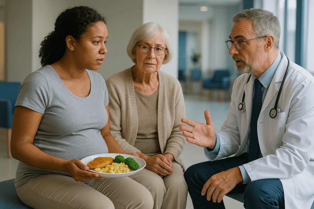 Pregnant woman with doctor discussing nutrition during consultation: Salmonella in pregnancy, older adults and infants: why 