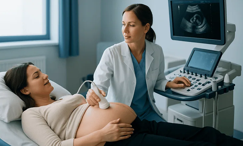 Doctor performing ultrasound on pregnant woman in hospital room.