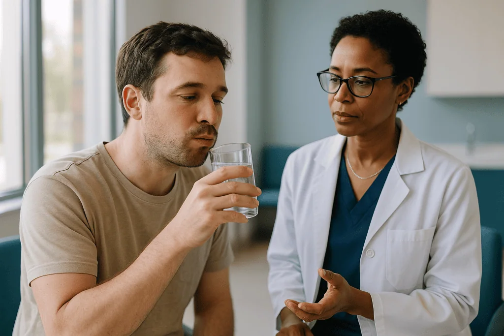 Doctor consulting patient, holding water glass: Salt water rinse after wisdom teeth removal: how, how often and why it works