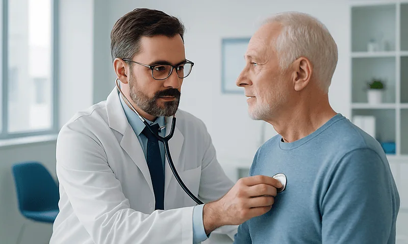 Doctor examining an elderly male patient with a stethoscope in a medical office.
