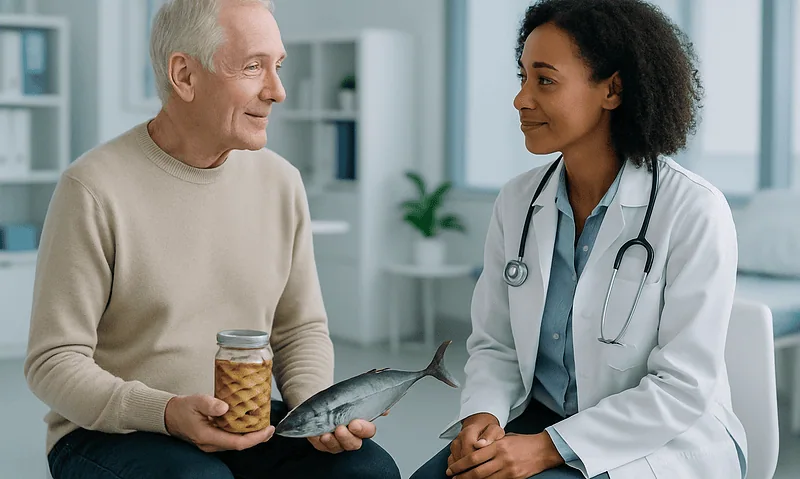 Senior man consulting with a female doctor about fish health.