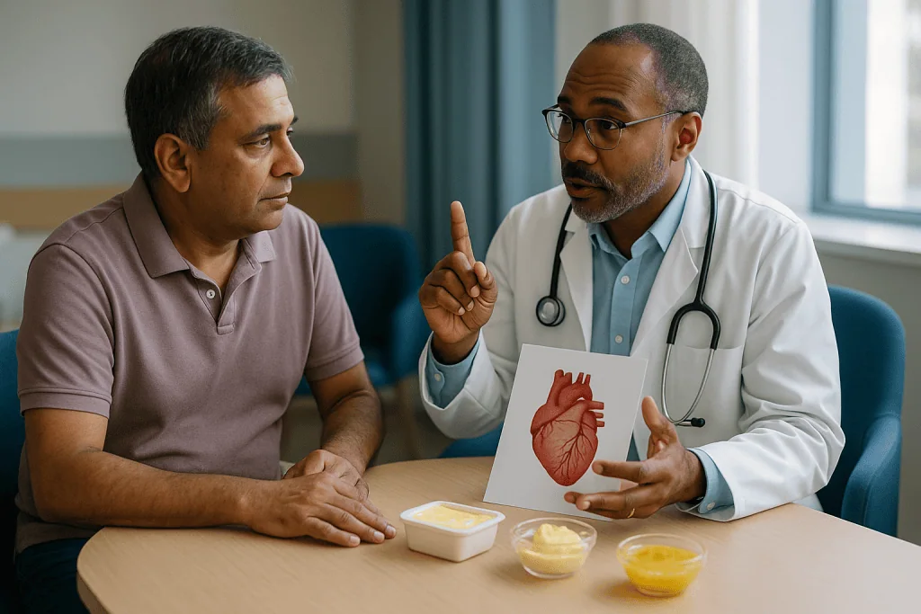 Doctor consulting patient about heart health using diagram: Saturated fat: the number that drives most of the debate