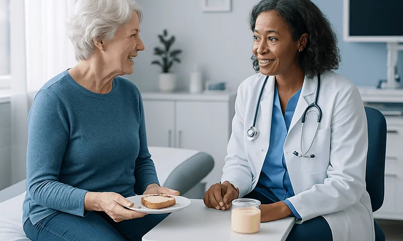 Doctor consulting with elderly patient in a medical office setting.