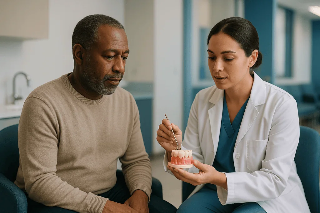 Dentist discussing dental model with adult patient: Scaling and root planing results in numbers: how much pockets usually sh