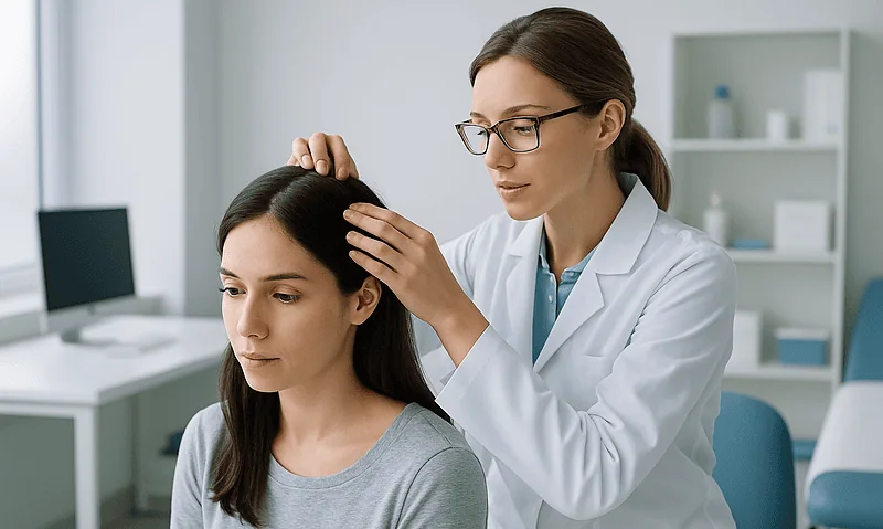 Doctor examining woman's scalp in a clinical setting for hair health.