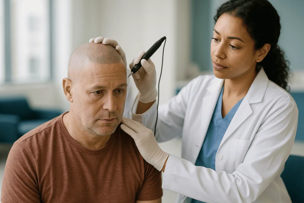 Dermatologist examining patient scalp with otoscope: Scalp micropigmentation risks at a glance: the main types