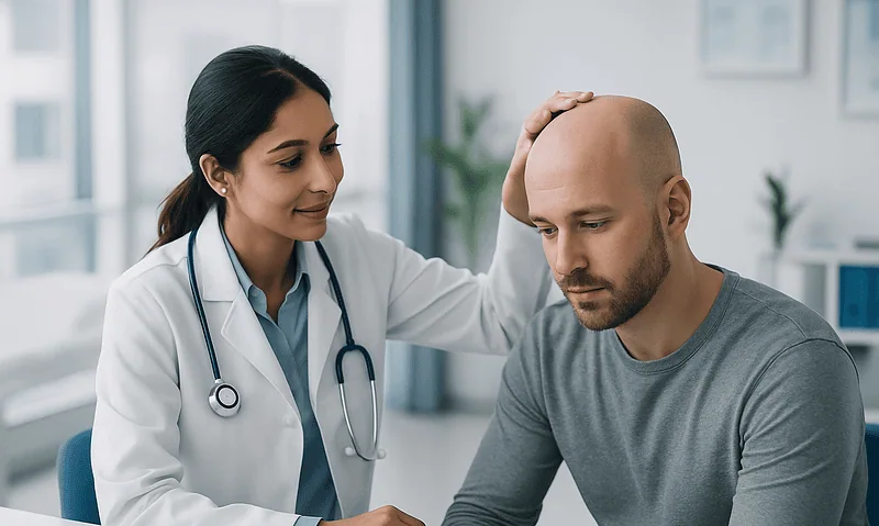 Doctor examining a patient with a hand on his head in a medical office.