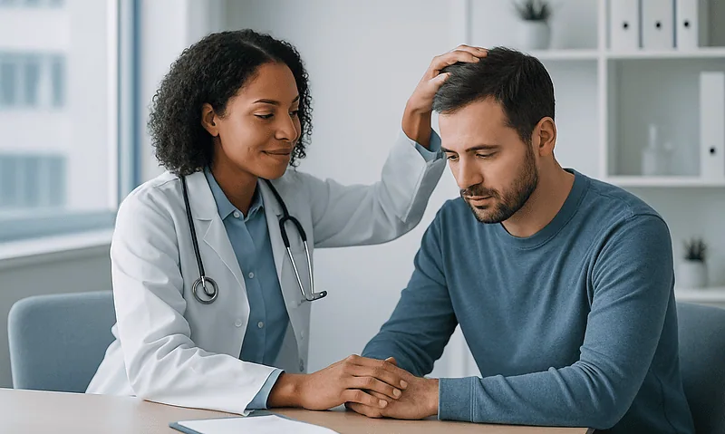 Doctor examining a patient's scalp for skin issues in a clinic setting.