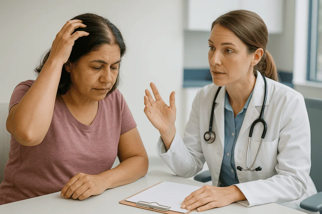 Doctor consulting with patient at desk: Scalp psoriasis vs dandruff: the side-by-side differences