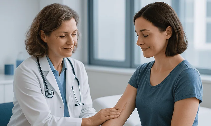 Doctor examining a patient's arm in a medical consultation room.
