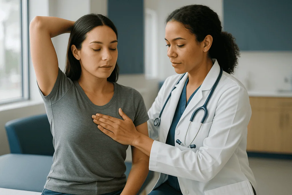 Doctor examining patient's chest during preventive health screening: Screening guidelines in your 20s and 30s