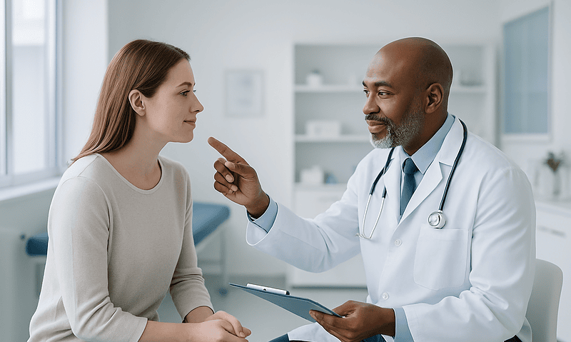 Doctor consulting with a young woman in a medical office setting.