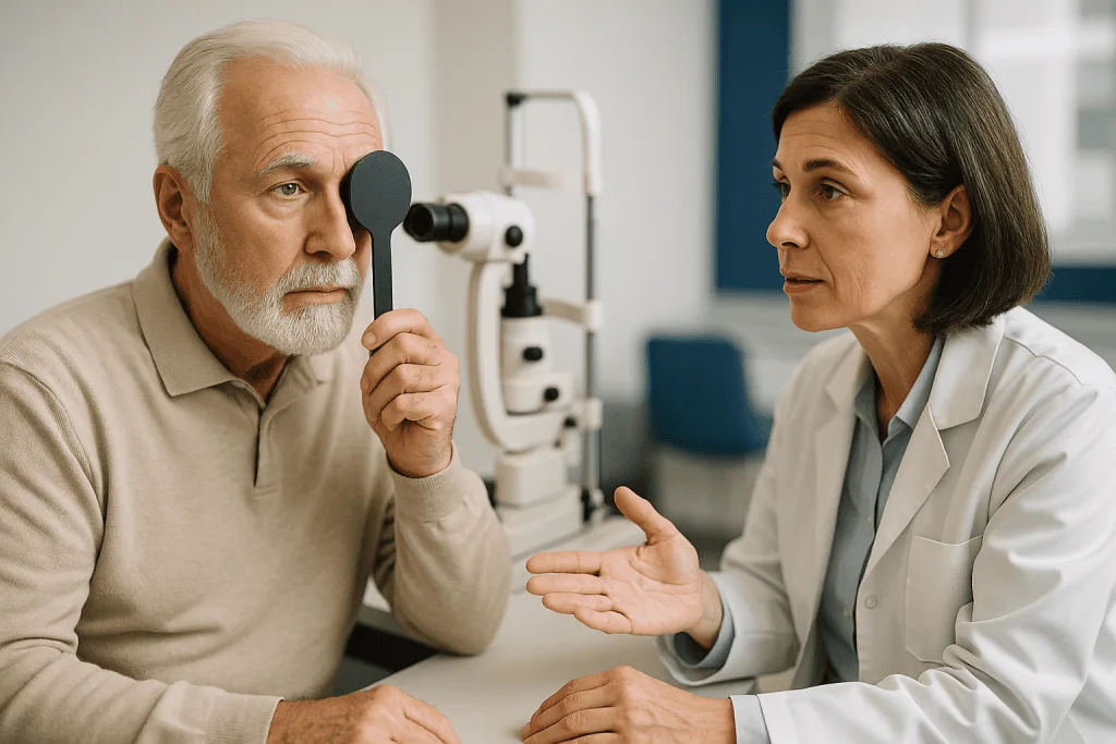 Ophthalmologist consulting senior patient with eye examination equipment: Second opinion cataract surgery: what the second s