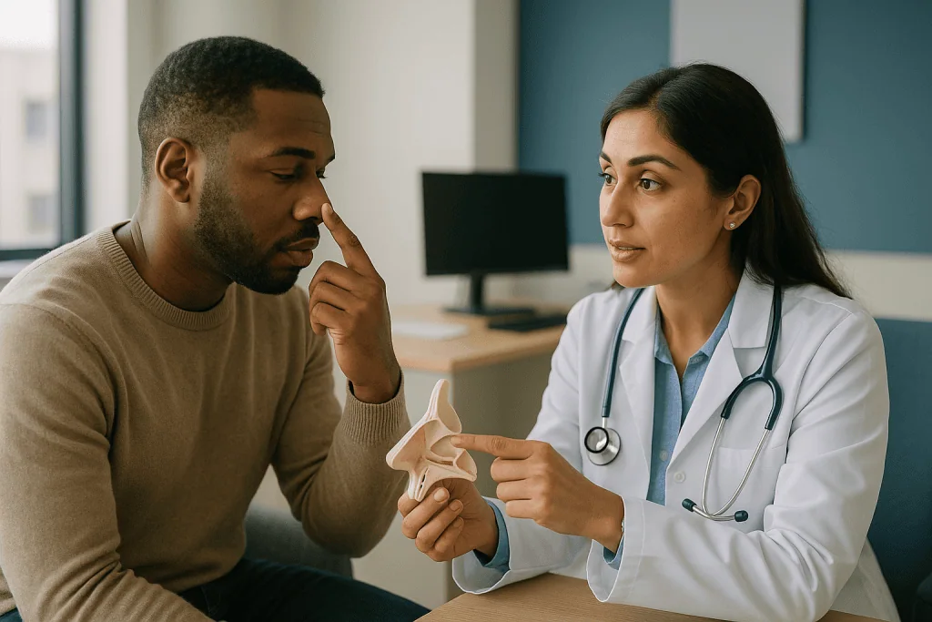 Doctor consulting patient about nasal anatomy model: Septoplasty vs turbinate reduction: which blockage each operation fixes