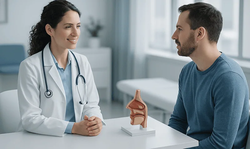 ENT specialist consulting patient about nasal blockage solutions at Acibadem Hospital.
