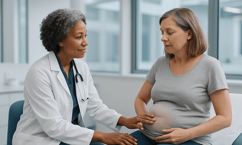 Doctor consulting pregnant woman in a medical office setting.