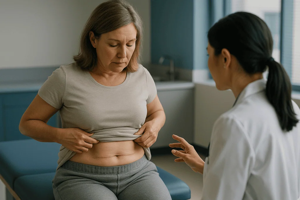 Female patient discussing abdominal concern with healthcare provider: Seroma after tummy tuck: why body contouring is the cu