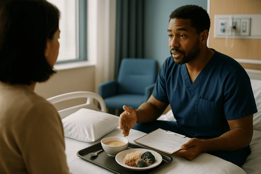Healthcare provider consulting patient during meal service: Setting up the house before they come home
