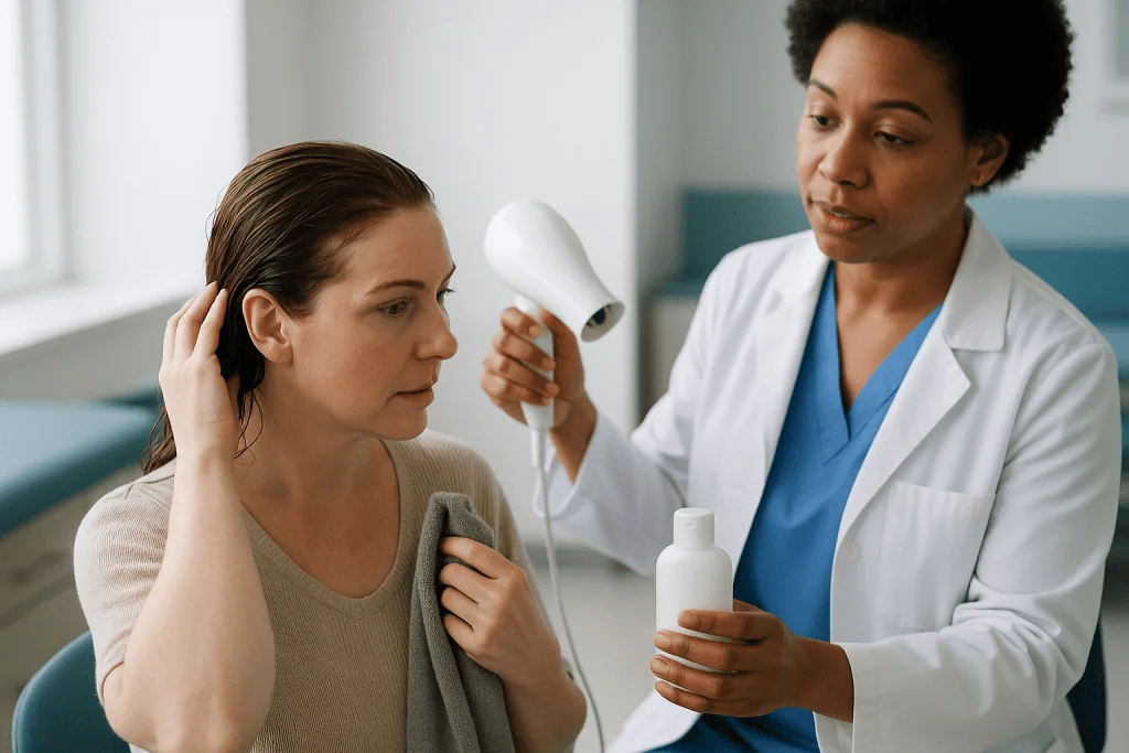 Dermatologist examining patient skin with handheld device: Shampoo, hair dryers and styling: the practical details nobody wr