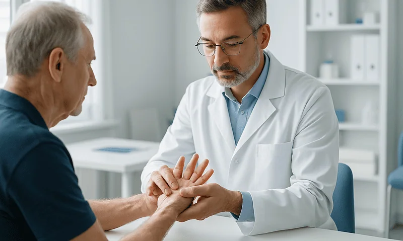 Doctor examining patient's hand in a medical consultation room.