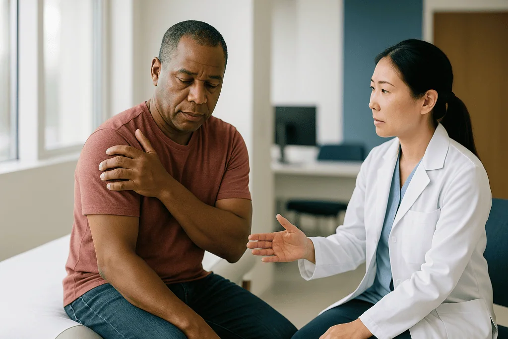 Doctor examining patient's shoulder pain during consultation: Shoulder impingement or rotator cuff tear? Why the two are so 