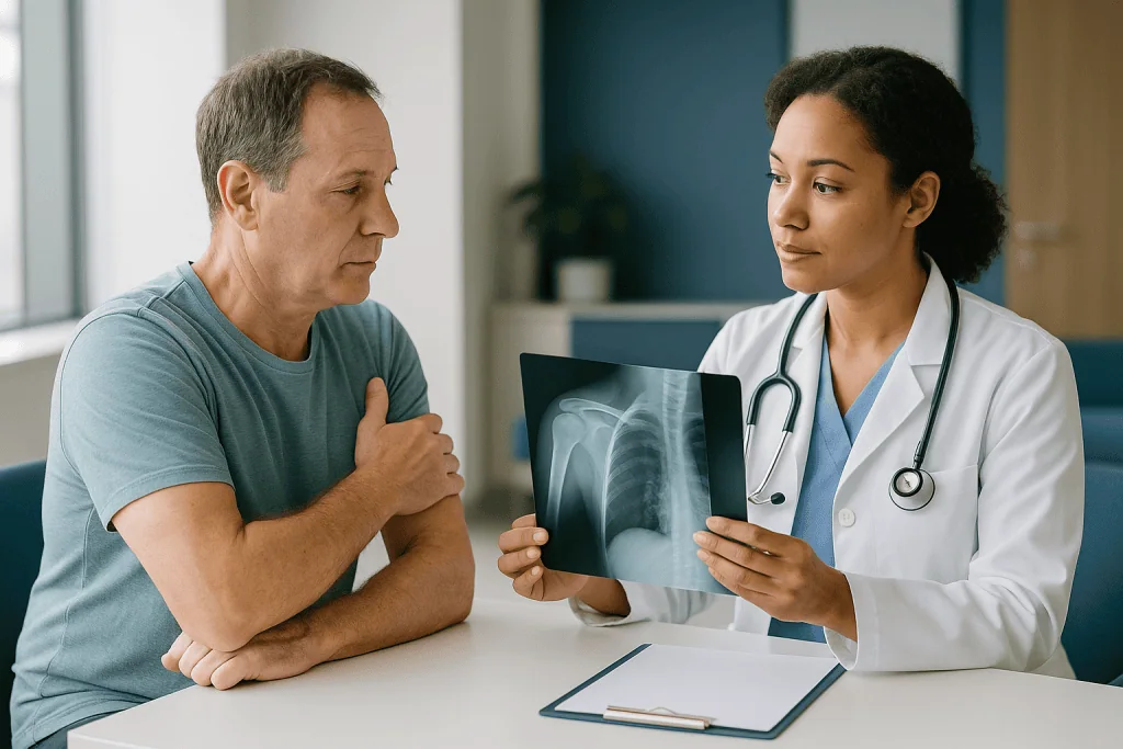 Doctor reviewing chest X-ray with male patient: Shoulder surgery planning: why the rotator cuff decides everything