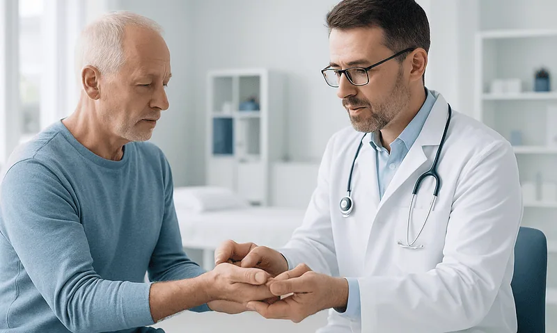 Doctor examining an elderly patient's hand in a medical consultation.
