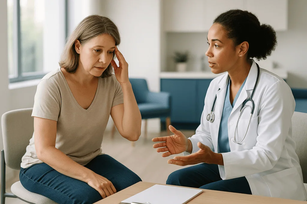 Female patient in consultation with female physician doctor: Signs of menopause at 40, or at 37: what a typical story looks 