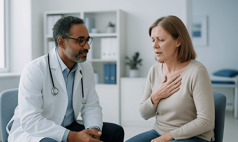 Doctor consulting with a woman about throat discomfort at Acibadem Hospital.