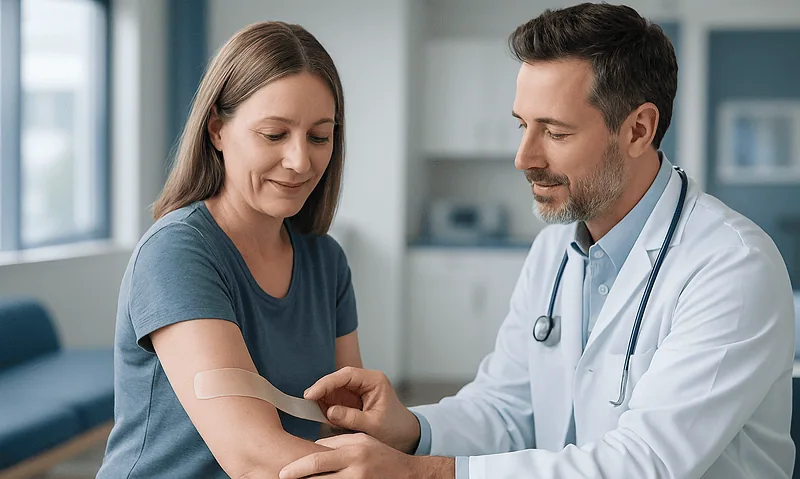 Doctor applying a bandage to a woman's arm in a clinical setting.