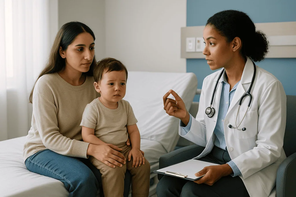 Female doctor consulting mother and toddler in clinic: Simple vs complex febrile seizure: why this one distinction drives th
