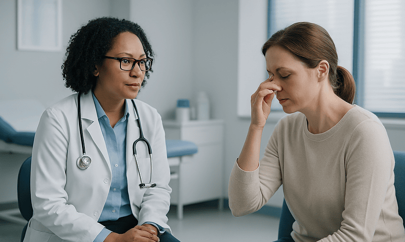Doctor consulting with a patient about sinusitis and allergies in a medical office.