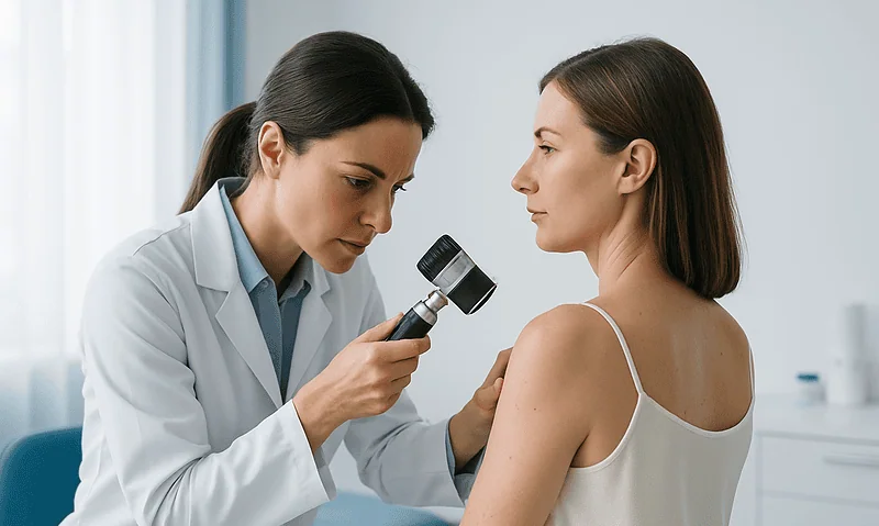 Dermatologist examining a patient's skin with a magnifying glass in a clinical setting.
