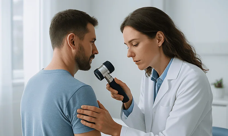 Doctor examining a patient's shoulder with a dermatoscope in a clinical setting.