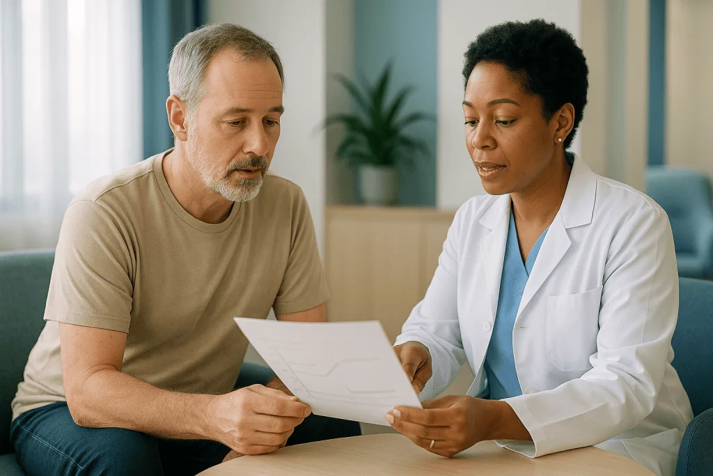 Doctor consulting patient with paperwork in clinical office: Sleep apnea treatment results on paper: AHI and oxygen levels