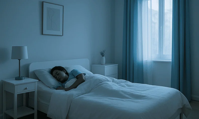 Woman sleeping peacefully in a modern bedroom with blue curtains.