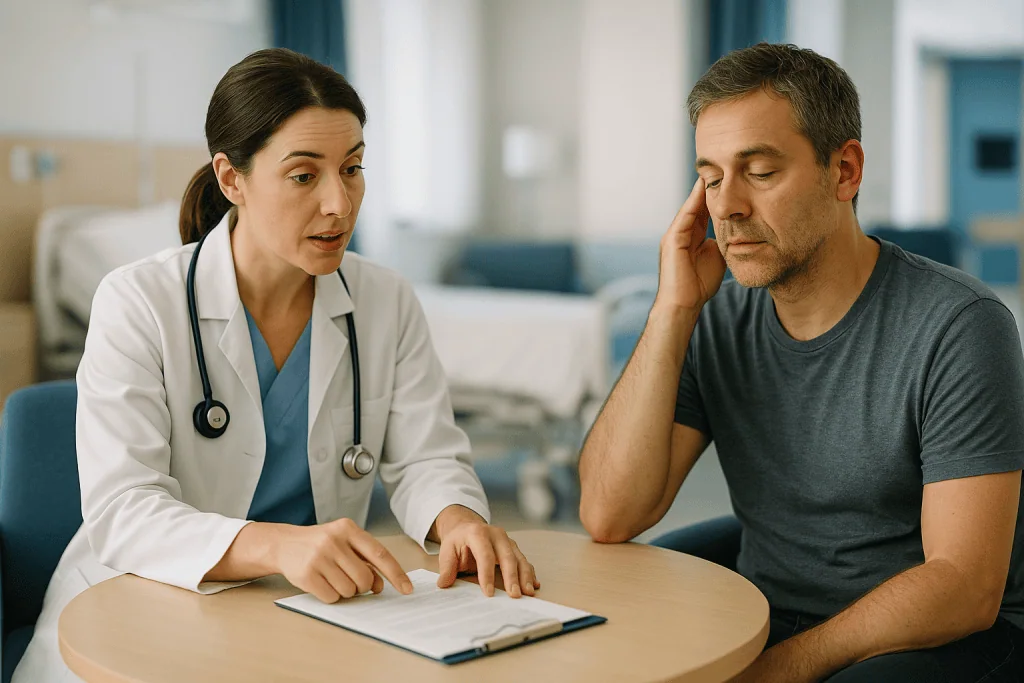 Doctor consulting patient about medical condition at desk: Sleep disorders in disguise: apnea, restless legs and a misaligne