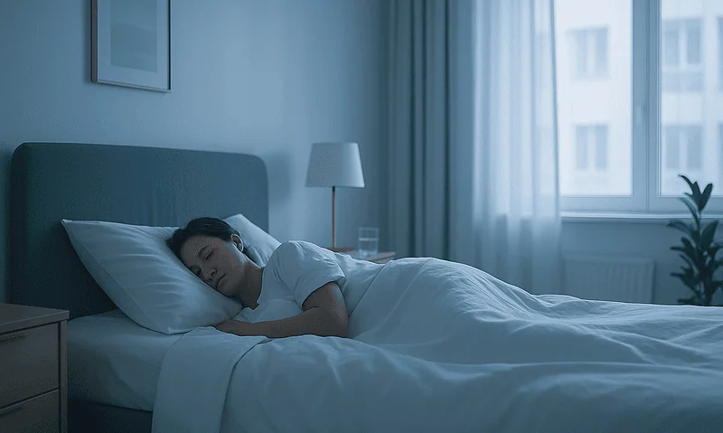 Young woman sleeping peacefully in a modern bedroom with natural light.