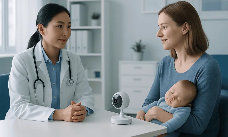 Pediatrician and mother with baby using a smart monitor for breathing.