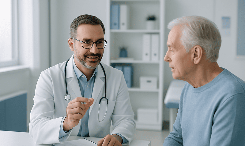 Ophthalmologist consulting with an elderly patient in a clinic setting.