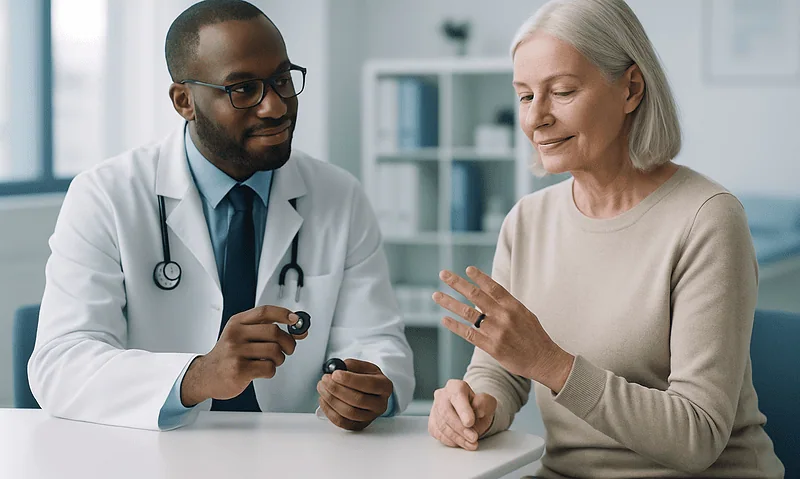 Doctor consulting with elderly woman in a medical office setting.