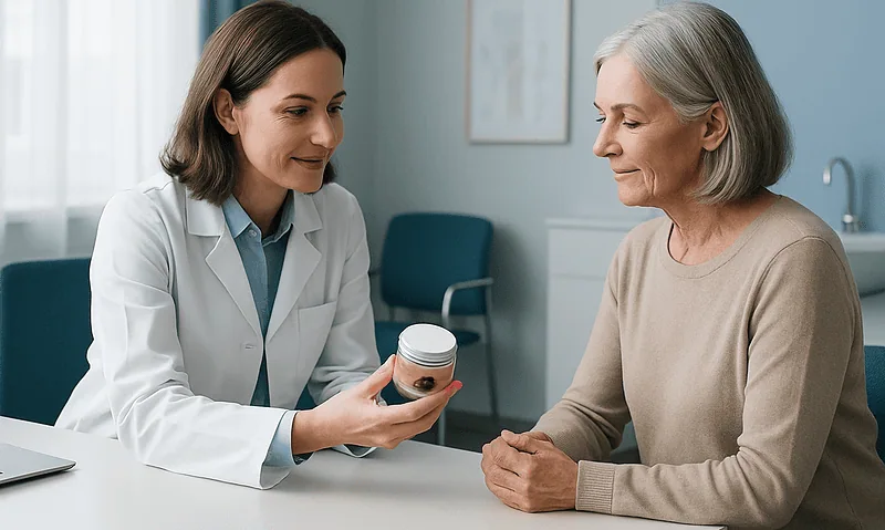 Doctor explaining snail mucin skincare benefits to an elderly woman.