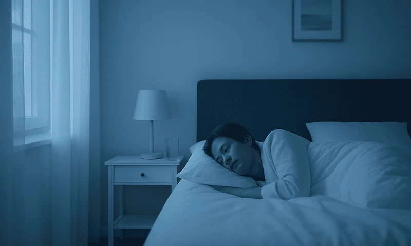 Young woman sleeping peacefully in a dimly lit bedroom.