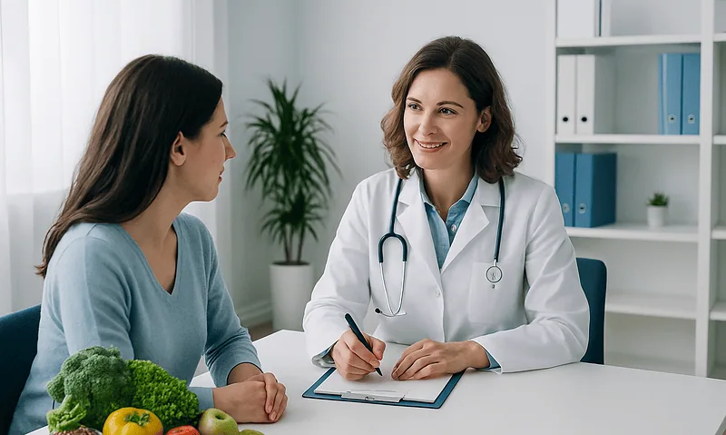 Doctor consulting with patient about health at clinic.